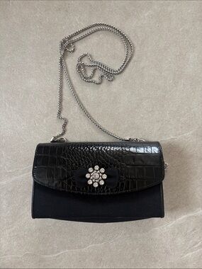 Brighton Black Croc-Embossed Crossbody with Crystal Flower